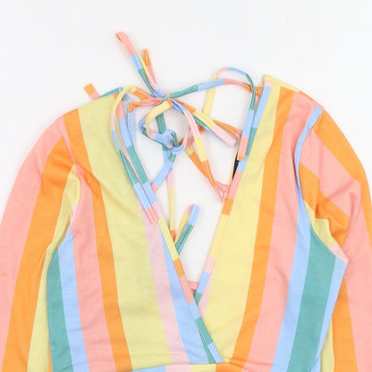 Boohoo Womens Multicoloured Striped Polyester Basic T-Shirt Size 12 V-Neck