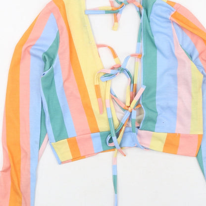 Boohoo Womens Multicoloured Striped Polyester Basic T-Shirt Size 12 V-Neck