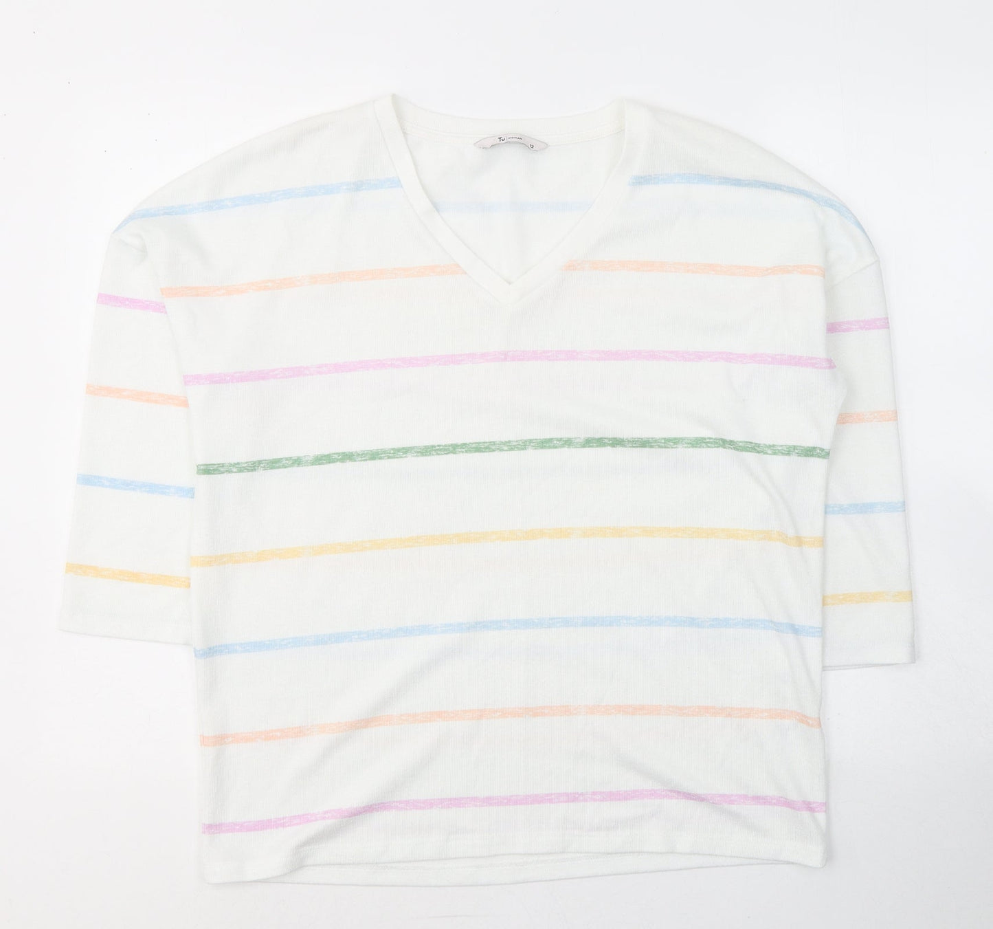 TU Womens White V-Neck Striped Polyester Pullover Jumper Size 12