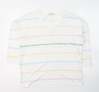 TU Womens White V-Neck Striped Polyester Pullover Jumper Size 12