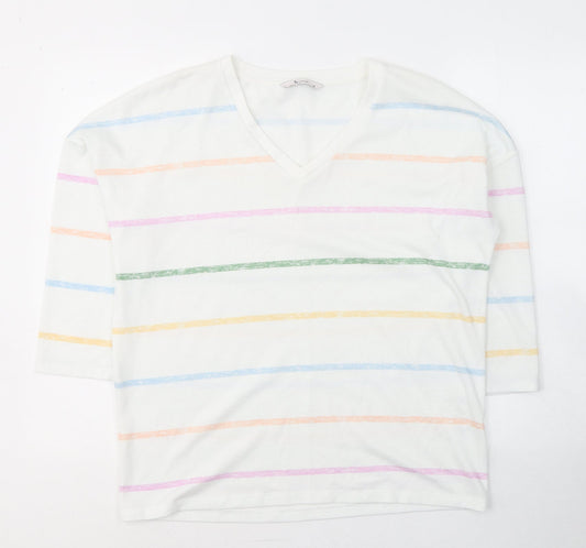 TU Womens White V-Neck Striped Polyester Pullover Jumper Size 12