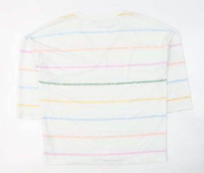 TU Womens White V-Neck Striped Polyester Pullover Jumper Size 12