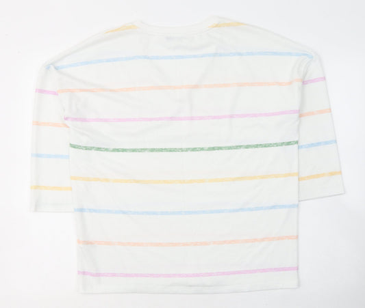 TU Womens White V-Neck Striped Polyester Pullover Jumper Size 12