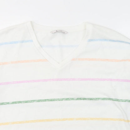 TU Womens White V-Neck Striped Polyester Pullover Jumper Size 12