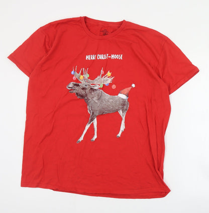 Preworn Mens Red  Cotton  T-Shirt Size 2XL Crew Neck  - Christmas