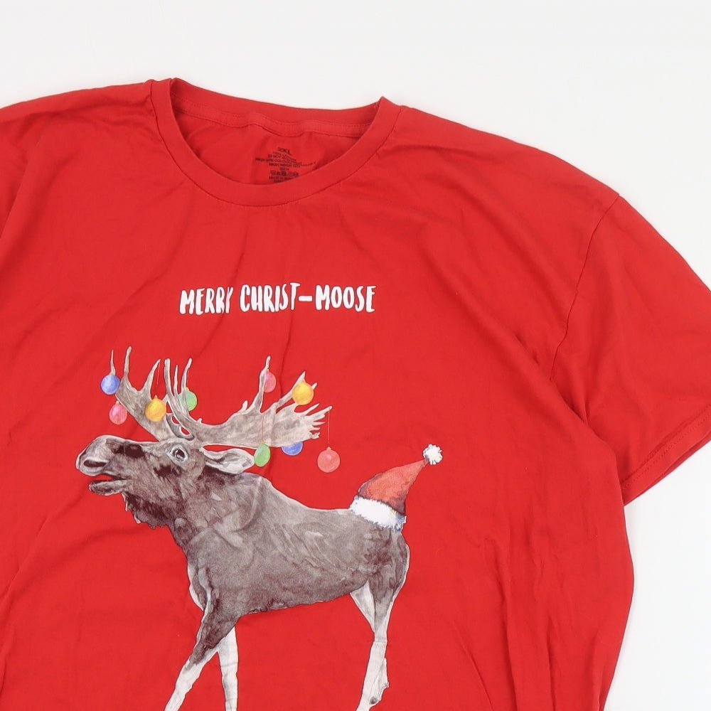 Preworn Mens Red  Cotton  T-Shirt Size 2XL Crew Neck  - Christmas
