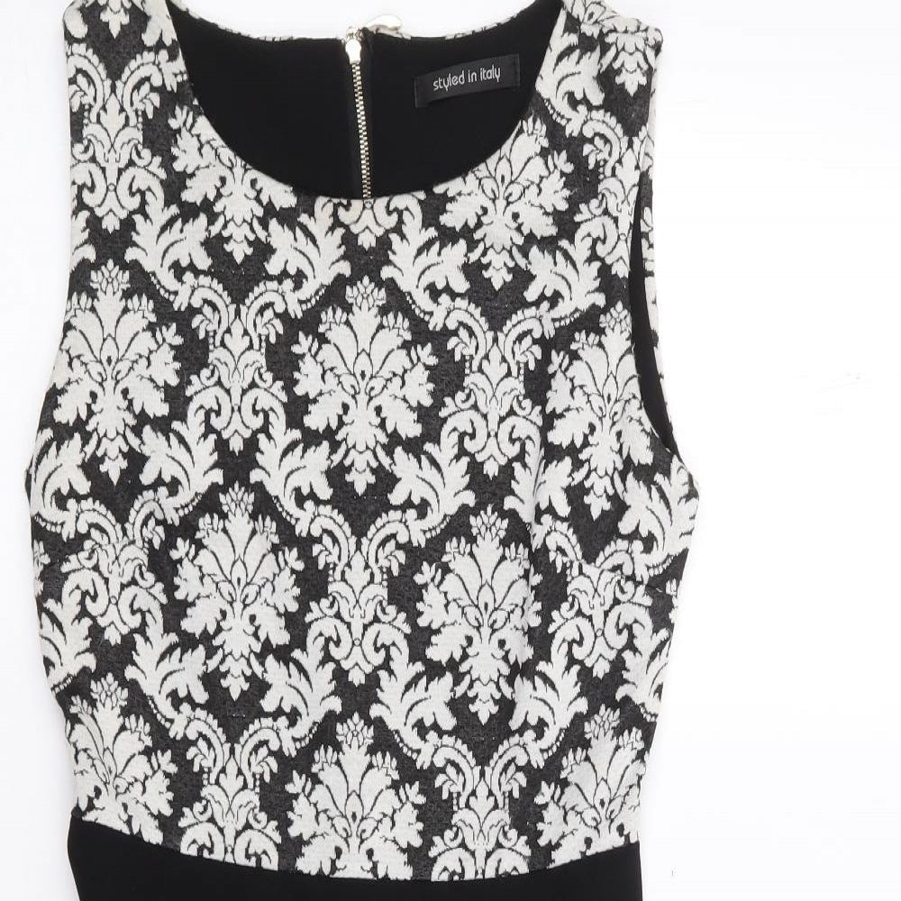 Styled in Italy Womens Black Floral Polyester Fit & Flare  Size S  Round Neck Zip