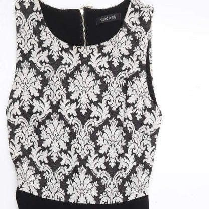 Styled in Italy Womens Black Floral Polyester Fit & Flare  Size S  Round Neck Zip