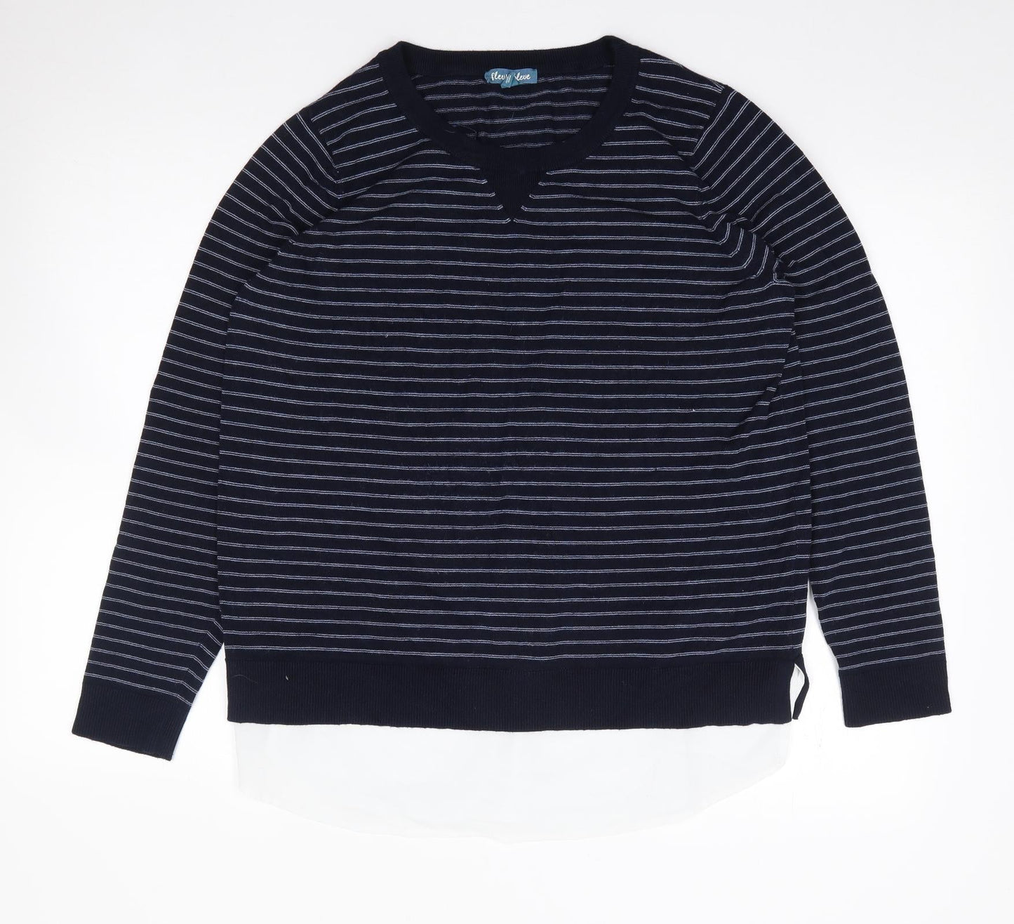 Fleur Bleu Womens Blue Crew Neck Striped Viscose Pullover Jumper Size L