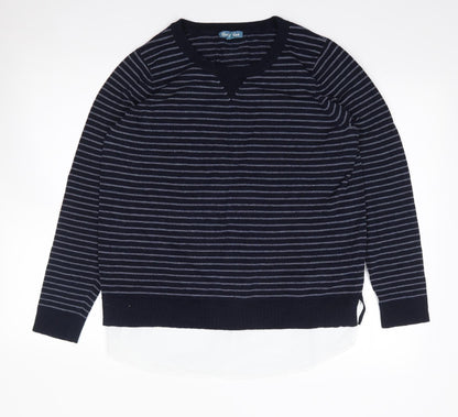 Fleur Bleu Womens Blue Crew Neck Striped Viscose Pullover Jumper Size L