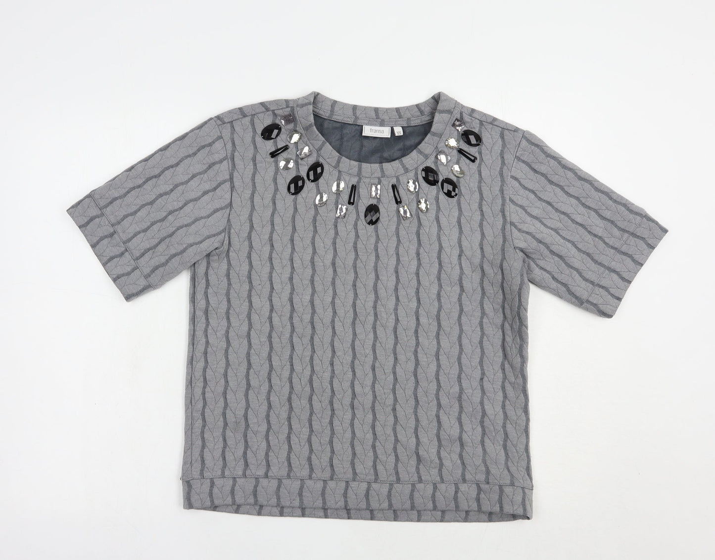 Fransa Womens Grey Geometric Polyester Basic Blouse Size XS Round Neck