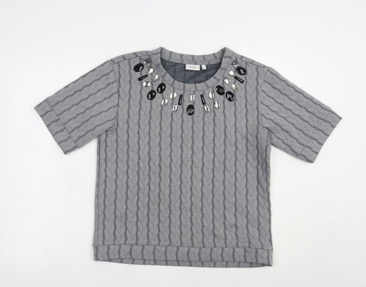 Fransa Womens Grey Geometric Polyester Basic Blouse Size XS Round Neck