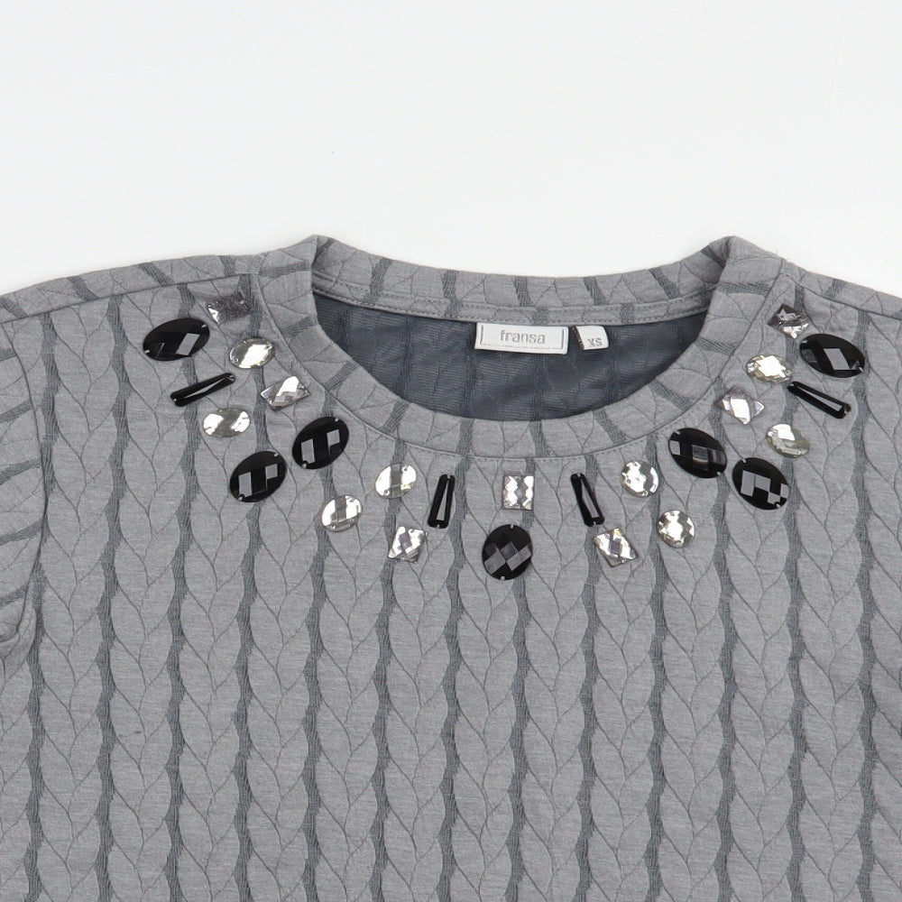 Fransa Womens Grey Geometric Polyester Basic Blouse Size XS Round Neck