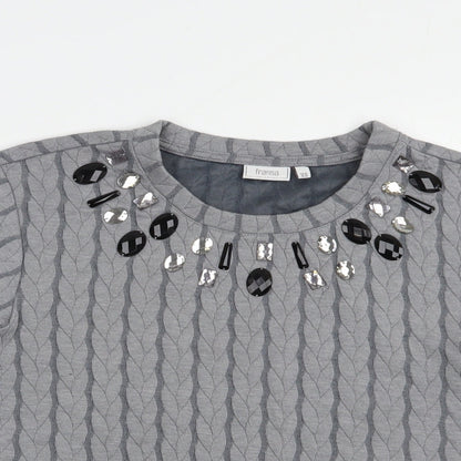Fransa Womens Grey Geometric Polyester Basic Blouse Size XS Round Neck