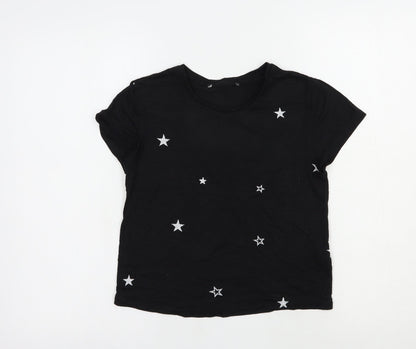 Primark Womens Black Geometric Polyester Basic T-Shirt Size 4 Crew Neck - Stars