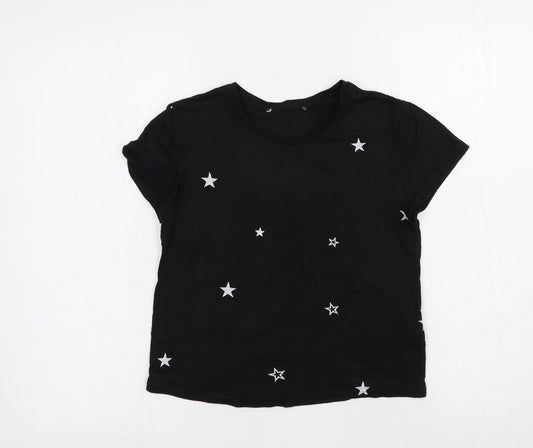 Primark Womens Black Geometric Polyester Basic T-Shirt Size 4 Crew Neck - Stars