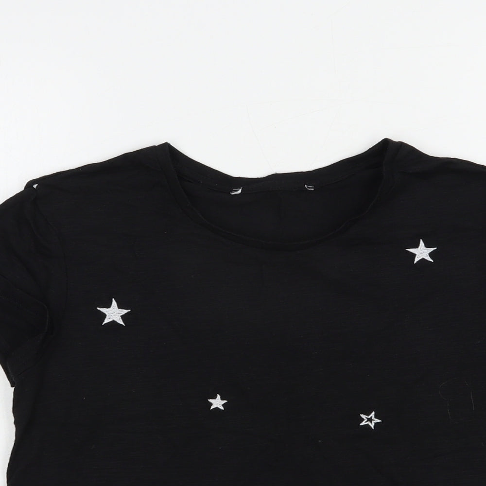 Primark Womens Black Geometric Polyester Basic T-Shirt Size 4 Crew Neck - Stars