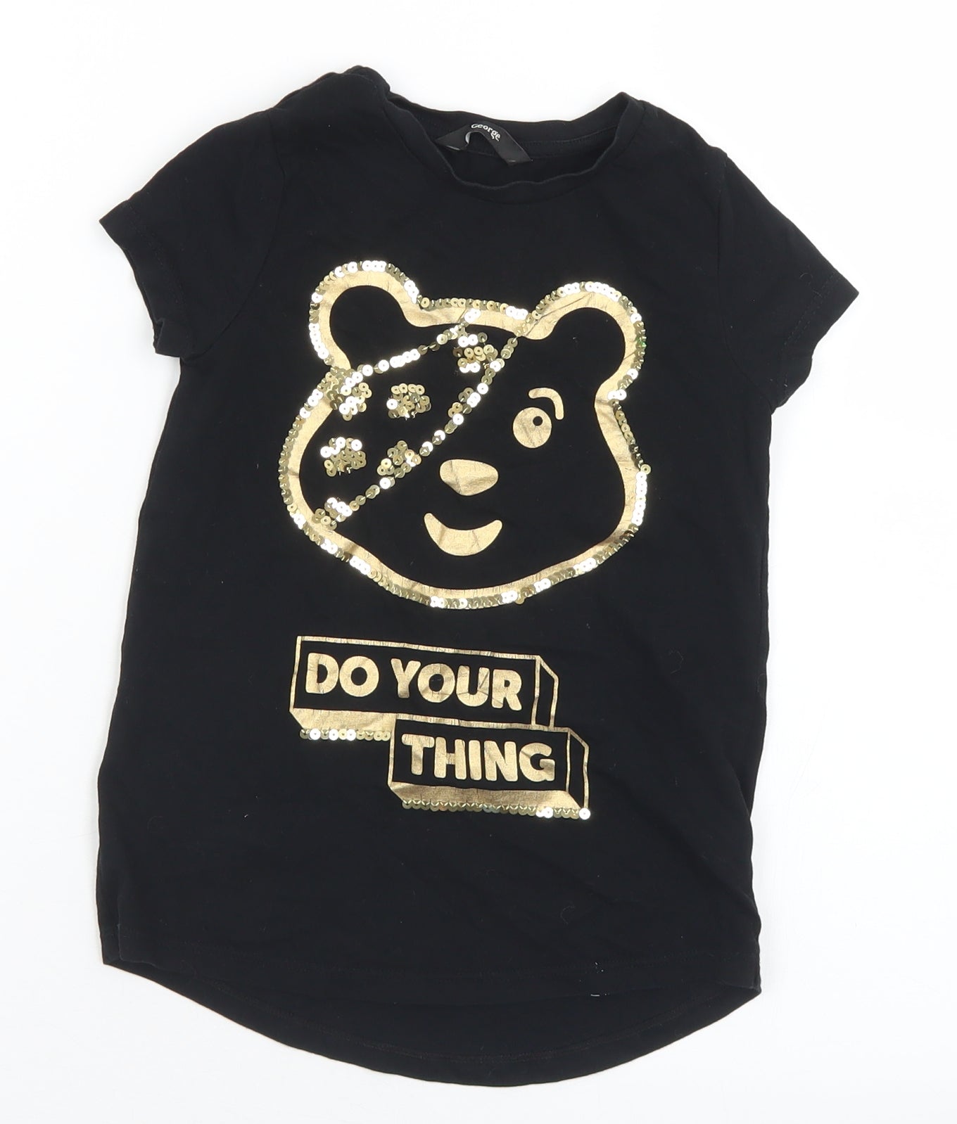 George Girls Black  Cotton Basic T-Shirt Size 4-5 Years Crew Neck  - Pudsey