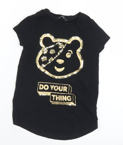 George Girls Black  Cotton Basic T-Shirt Size 4-5 Years Crew Neck  - Pudsey