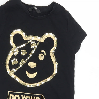 George Girls Black  Cotton Basic T-Shirt Size 4-5 Years Crew Neck  - Pudsey