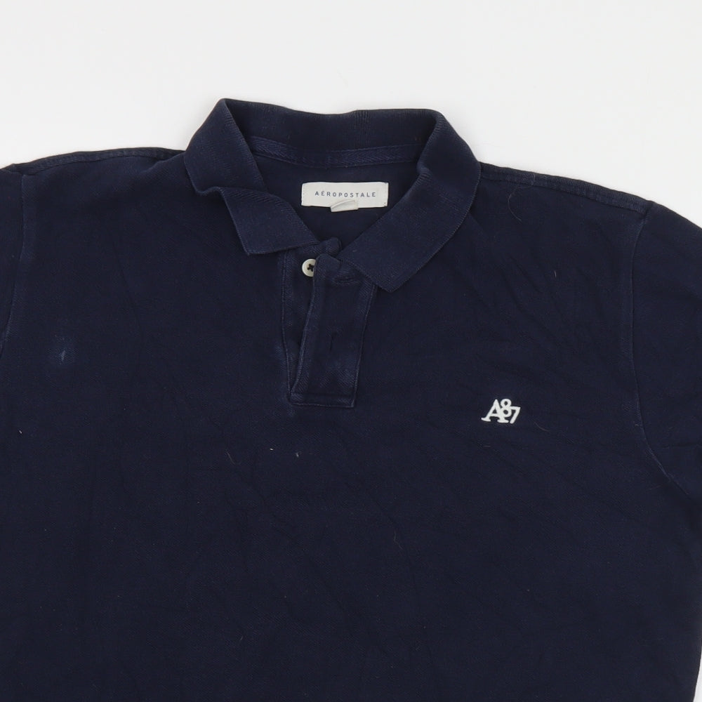 Areopostale Mens Blue  Cotton  Polo Size L Collared Button