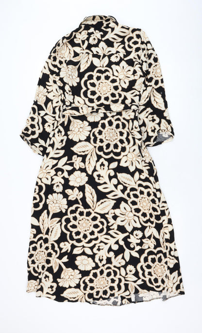F&F Womens Black Floral Viscose Shirt Dress  Size 6  Collared Button