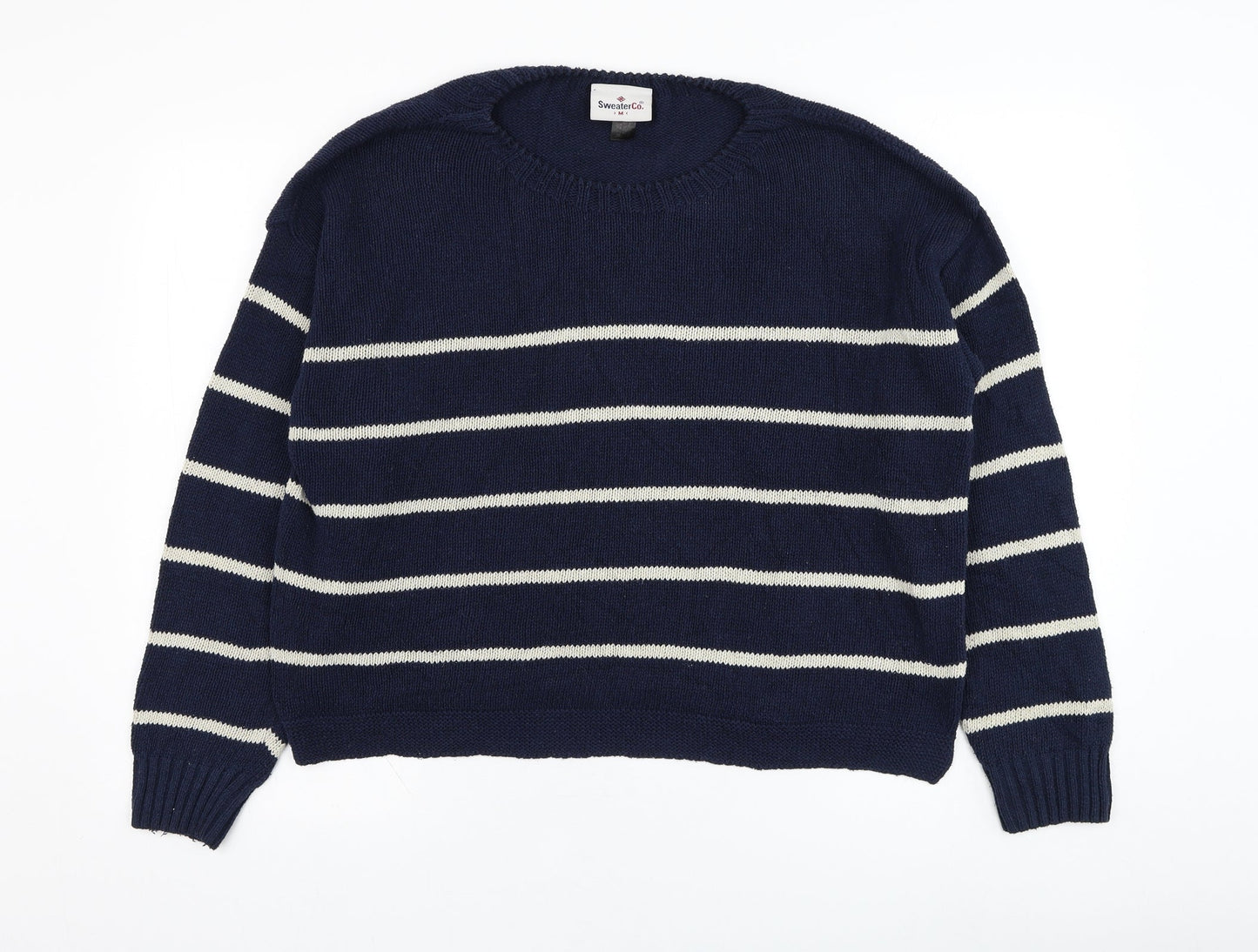 SweaterCo Womens Blue Round Neck Striped Cotton Pullover Jumper Size M