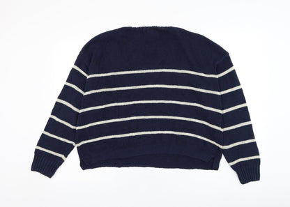 SweaterCo Womens Blue Round Neck Striped Cotton Pullover Jumper Size M