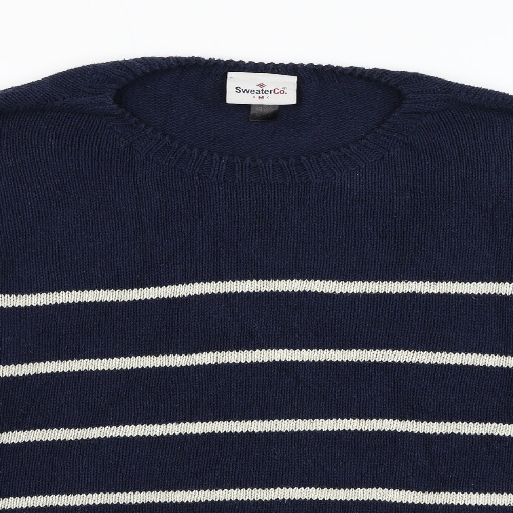 SweaterCo Womens Blue Round Neck Striped Cotton Pullover Jumper Size M