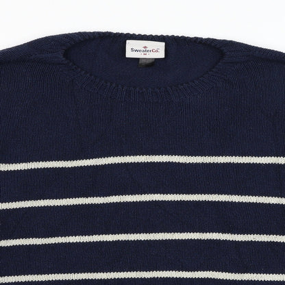 SweaterCo Womens Blue Round Neck Striped Cotton Pullover Jumper Size M