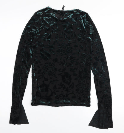 Stradivarius Womens Green Floral Polyamide Basic Blouse Size S Round Neck