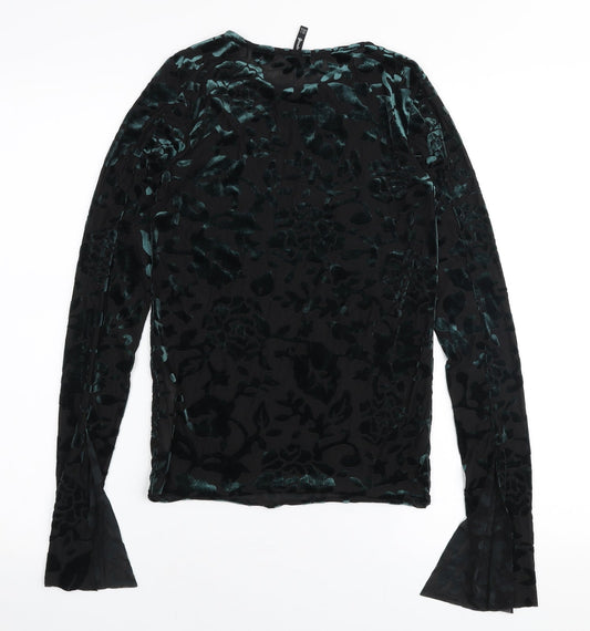 Stradivarius Womens Green Floral Polyamide Basic Blouse Size S Round Neck
