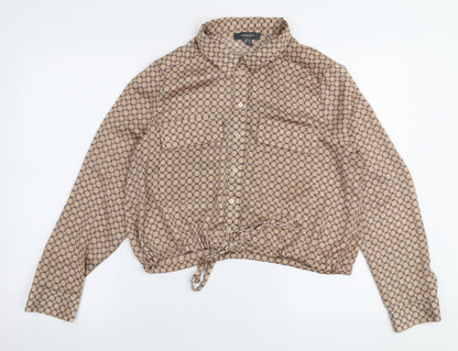 Primark Womens Beige Geometric Polyester Basic Blouse Size 14 Collared