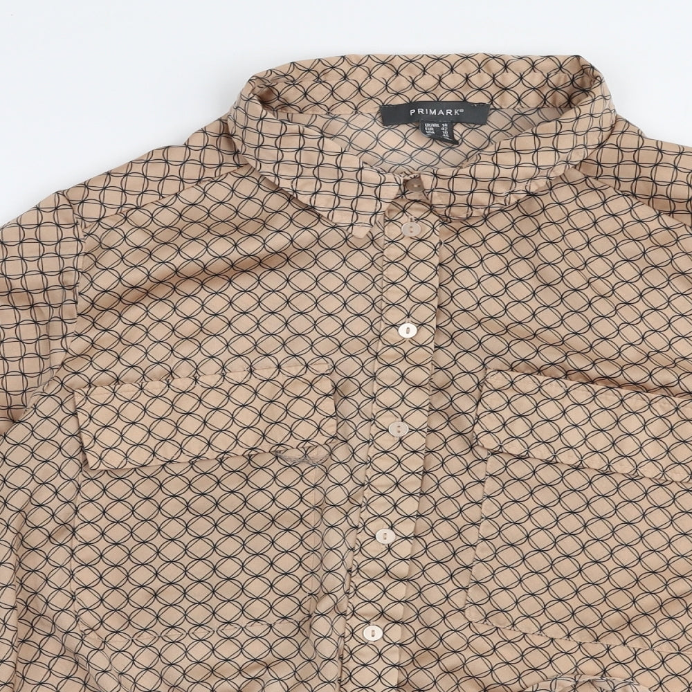 Primark Womens Beige Geometric Polyester Basic Blouse Size 14 Collared