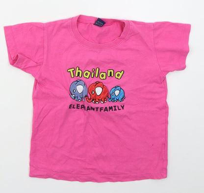 D Girls Pink  Cotton Basic T-Shirt Size M Crew Neck Pullover - Thailand Elephant Family