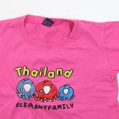 D Girls Pink  Cotton Basic T-Shirt Size M Crew Neck Pullover - Thailand Elephant Family