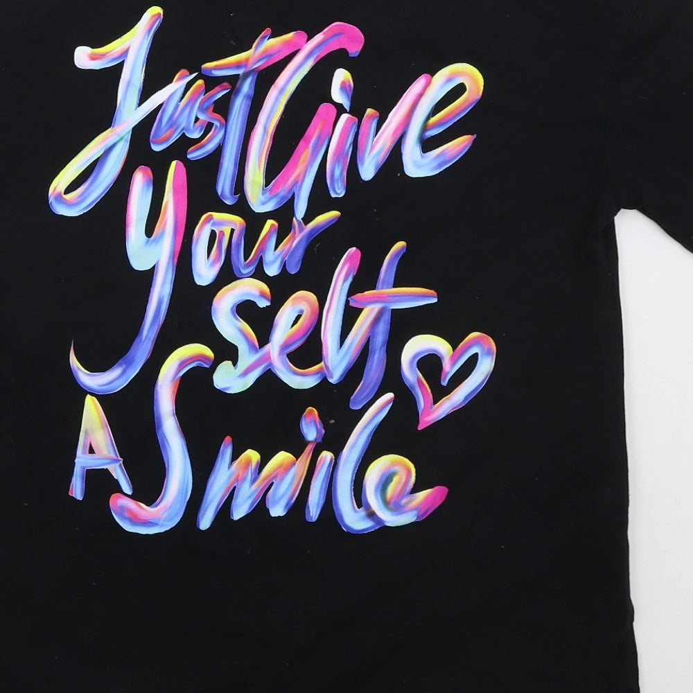 SheIn Girls Black  Cotton Basic T-Shirt Size 10 Years Crew Neck Pullover - Just Give Yourself A Smile