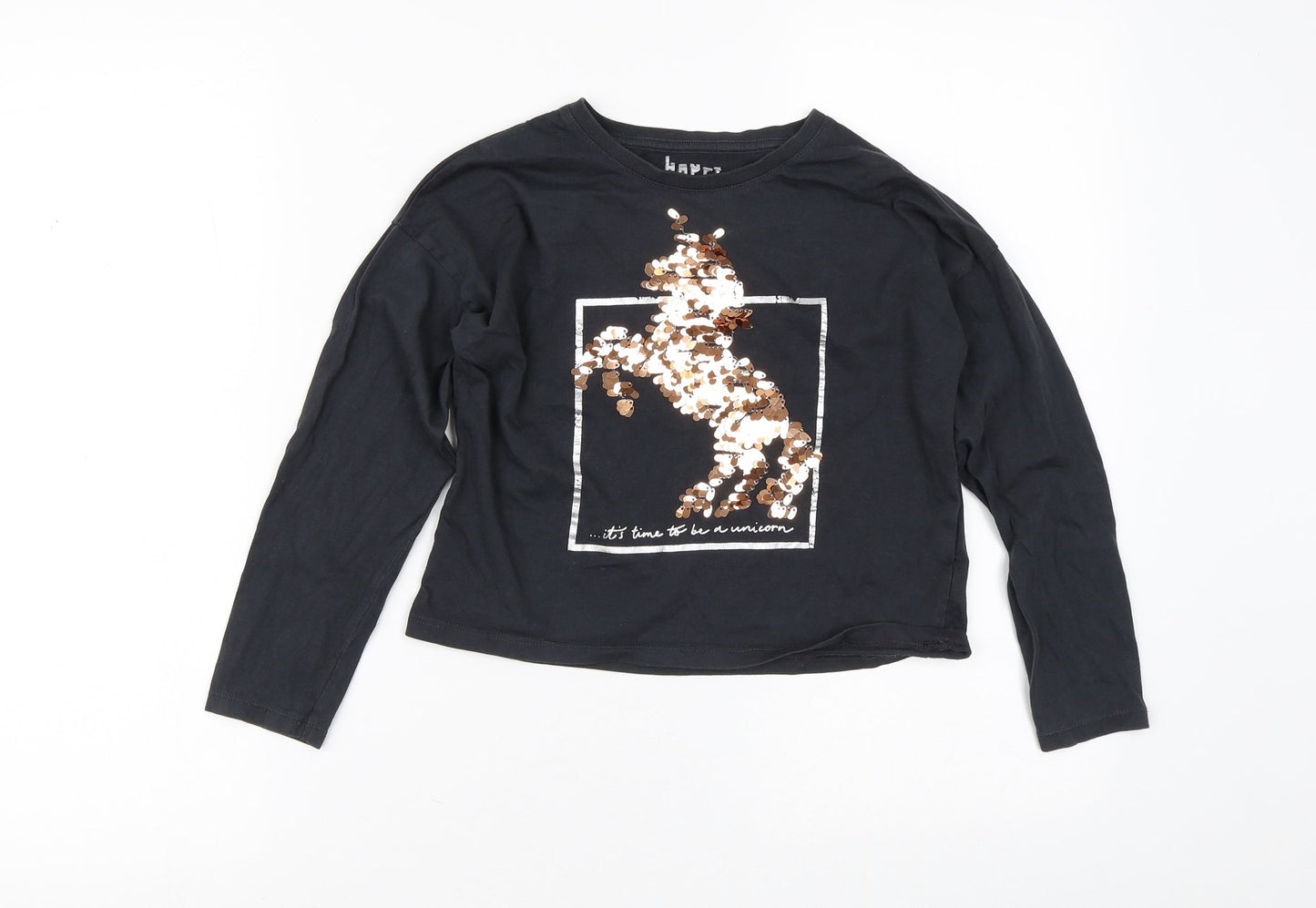 F&F Girls Black  100% Cotton Pullover Casual Size 8-9 Years Crew Neck  - Unicorn