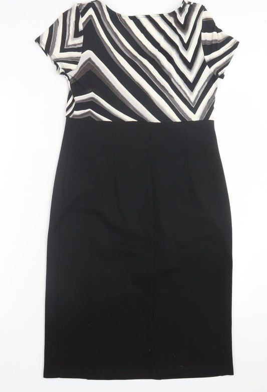 BHS Womens Black Striped Polyester A-Line  Size 12  V-Neck Pullover