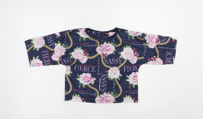 Studio Girls Blue Floral Polyester Cropped T-Shirt Size 12-13 Years Crew Neck Pullover - Sassy