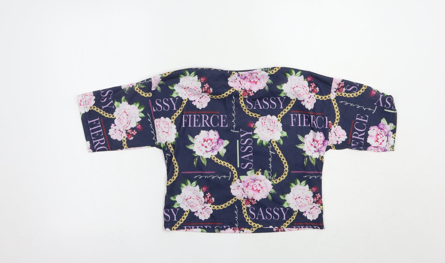 Studio Girls Blue Floral Polyester Cropped T-Shirt Size 12-13 Years Crew Neck Pullover - Sassy
