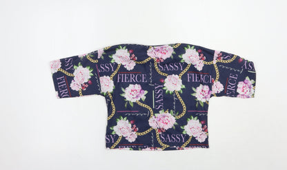 Studio Girls Blue Floral Polyester Cropped T-Shirt Size 12-13 Years Crew Neck Pullover - Sassy