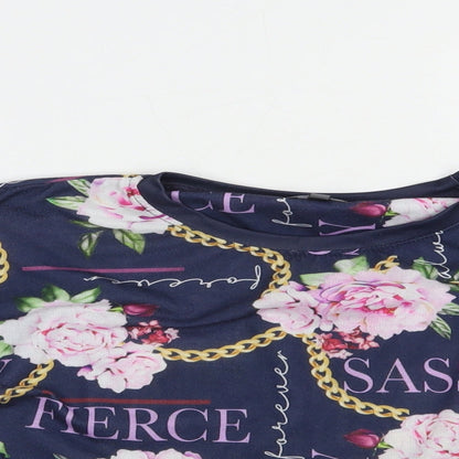 Studio Girls Blue Floral Polyester Cropped T-Shirt Size 12-13 Years Crew Neck Pullover - Sassy