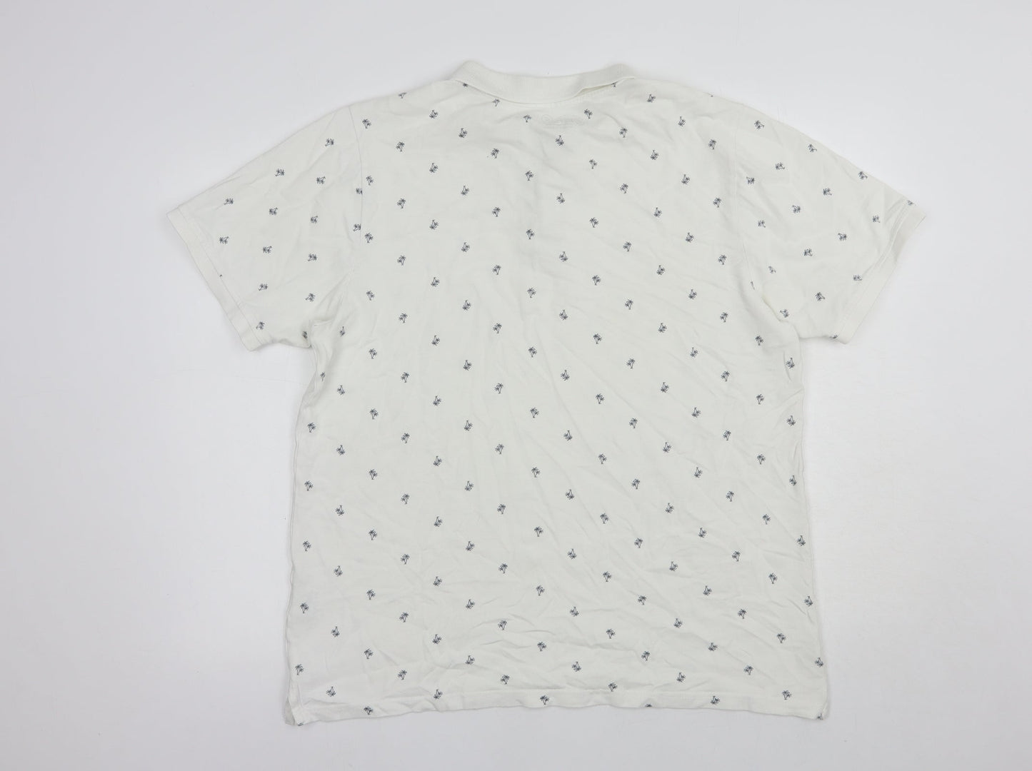 Fabric8 Mens White Geometric Cotton  Polo Size L Collared Button - Palm Tree Print