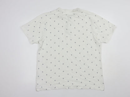 Fabric8 Mens White Geometric Cotton  Polo Size L Collared Button - Palm Tree Print