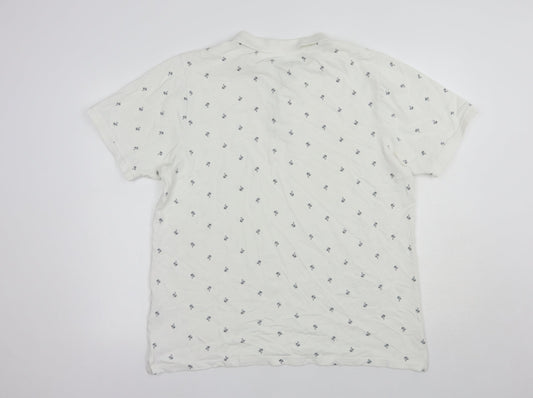 Fabric8 Mens White Geometric Cotton  Polo Size L Collared Button - Palm Tree Print