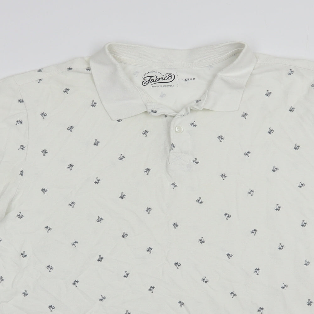 Fabric8 Mens White Geometric Cotton  Polo Size L Collared Button - Palm Tree Print
