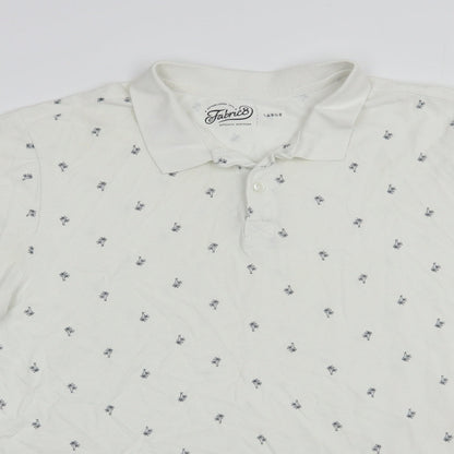 Fabric8 Mens White Geometric Cotton  Polo Size L Collared Button - Palm Tree Print