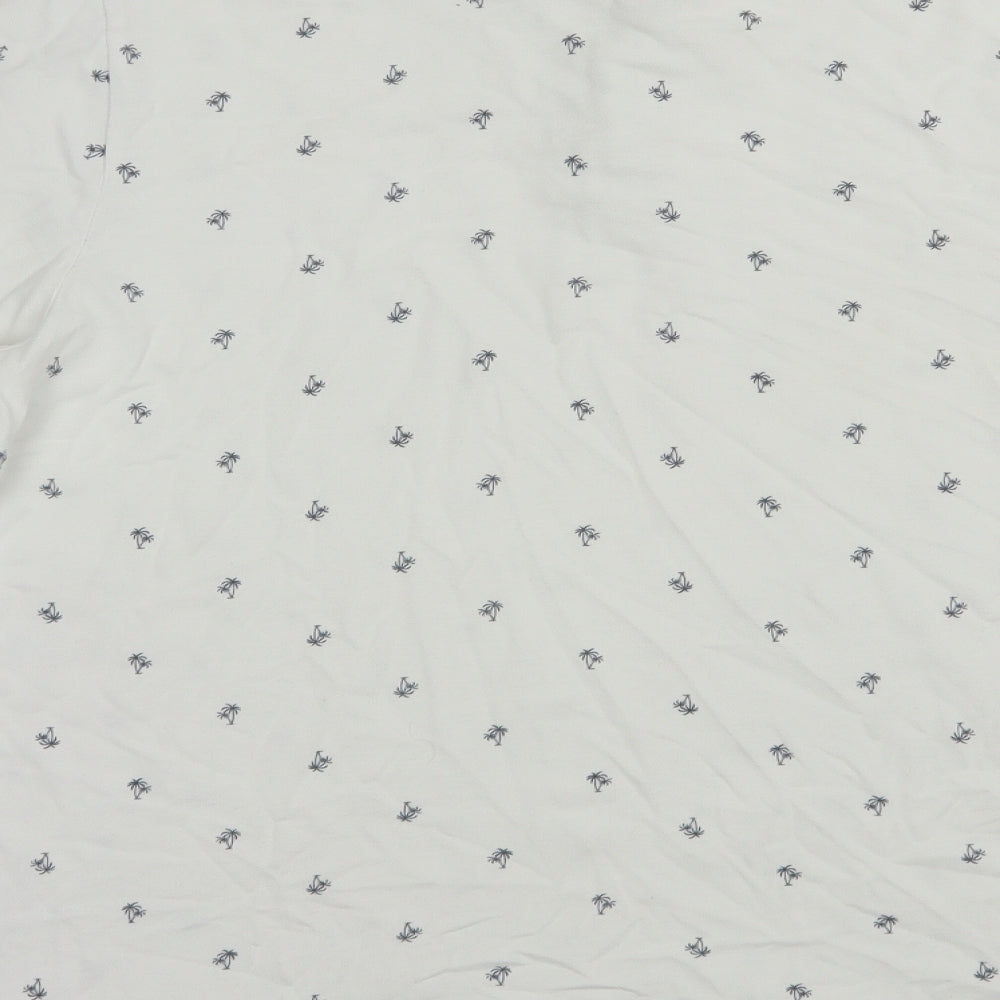 Fabric8 Mens White Geometric Cotton  Polo Size L Collared Button - Palm Tree Print