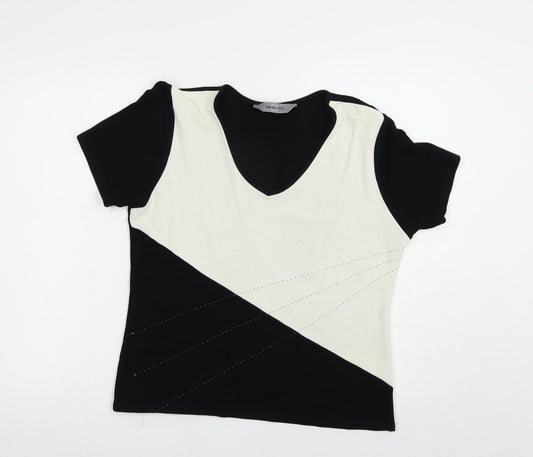 AMARANTO Womens Black Colourblock Viscose Basic Blouse Size 16 V-Neck